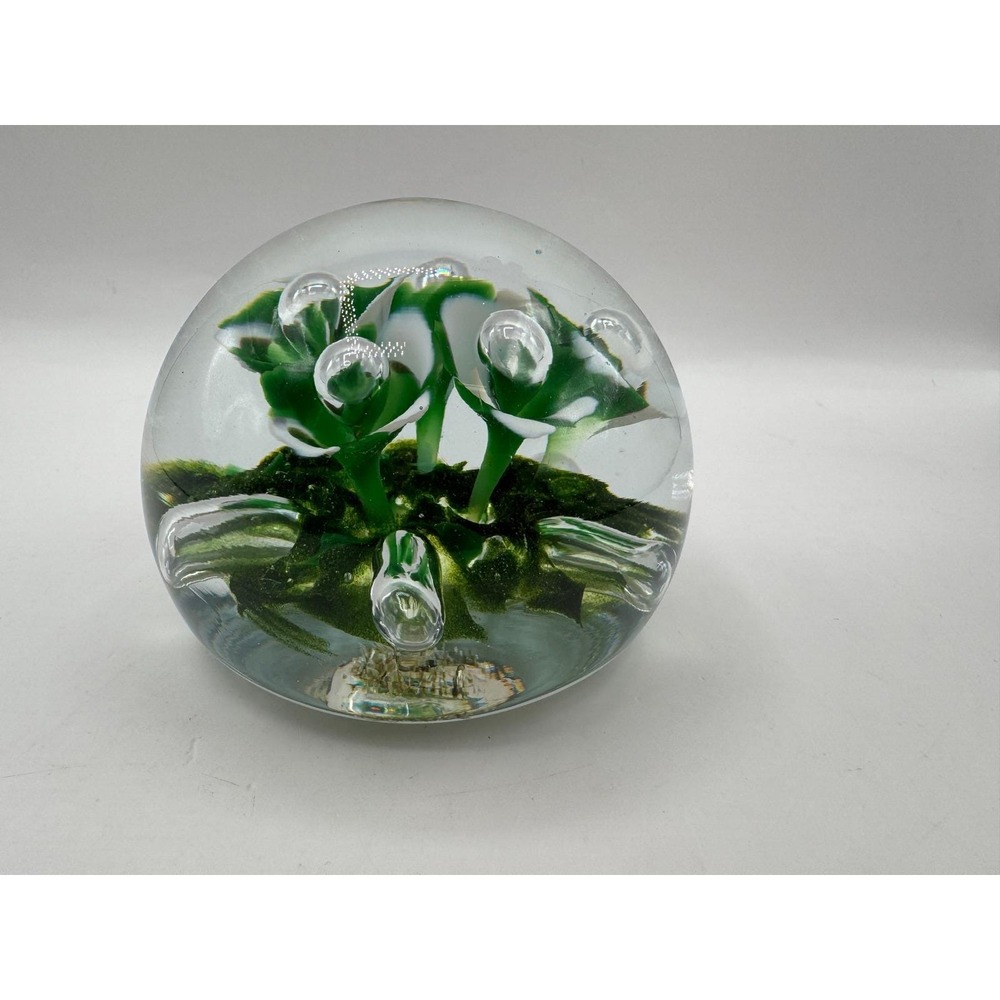 Jennings Bonnell JB Art Glass Paperweight Glitter Green White Floral Bubble - Picture 4 of 12